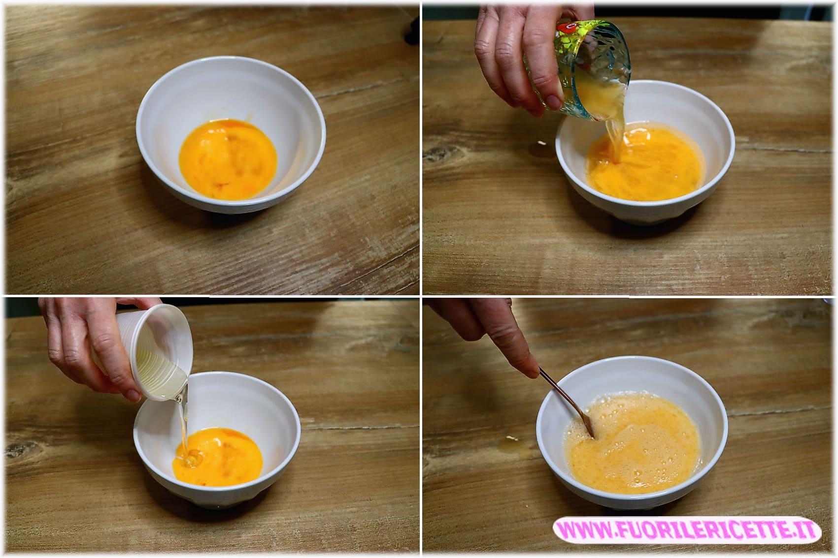 Versate in un’altra ciotola l’uovo, il succo di mele , l’olio e sbatteteli con una forchetta